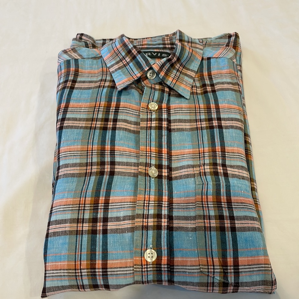 Orvis Men S/S Shirt Medium Blue/Multi Plaid 100% Linen